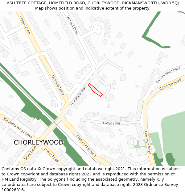 ASH TREE COTTAGE, HOMEFIELD ROAD, CHORLEYWOOD, RICKMANSWORTH, WD3 5QJ: Location map and indicative extent of plot