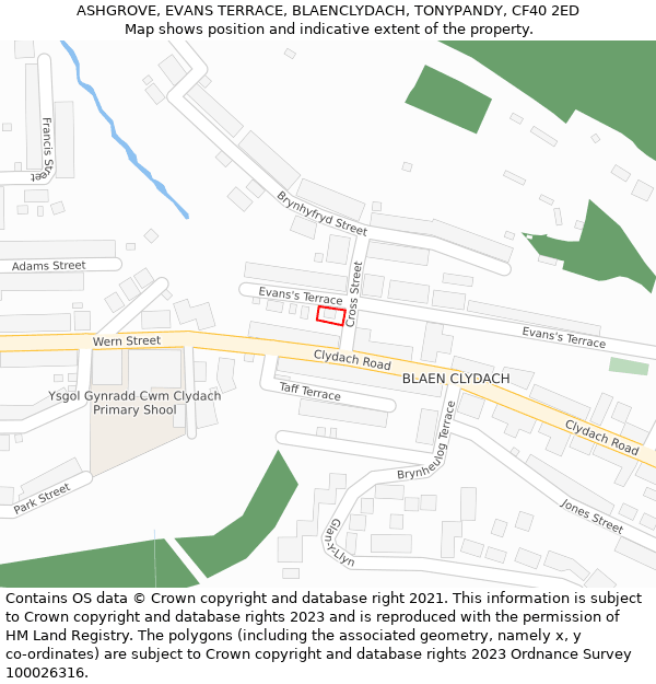 ASHGROVE, EVANS TERRACE, BLAENCLYDACH, TONYPANDY, CF40 2ED: Location map and indicative extent of plot