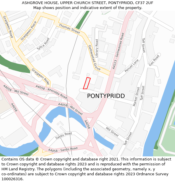ASHGROVE HOUSE, UPPER CHURCH STREET, PONTYPRIDD, CF37 2UF: Location map and indicative extent of plot