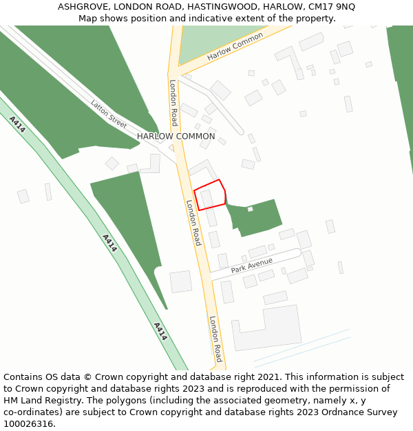 ASHGROVE, LONDON ROAD, HASTINGWOOD, HARLOW, CM17 9NQ: Location map and indicative extent of plot