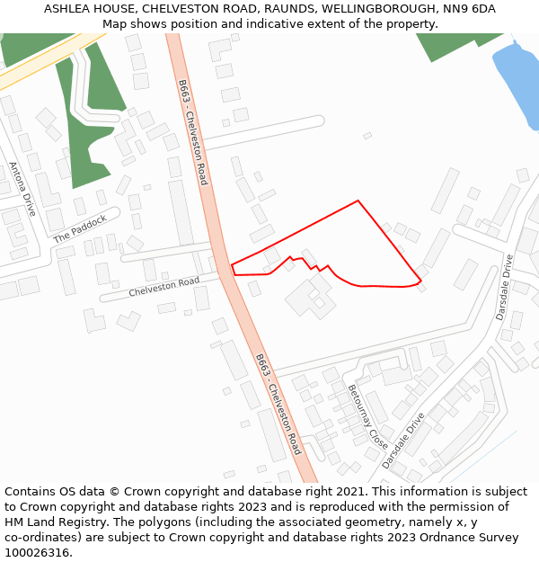 ASHLEA HOUSE, CHELVESTON ROAD, RAUNDS, WELLINGBOROUGH, NN9 6DA: Location map and indicative extent of plot