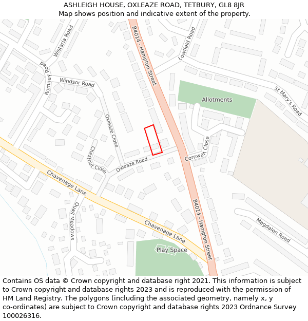 ASHLEIGH HOUSE, OXLEAZE ROAD, TETBURY, GL8 8JR: Location map and indicative extent of plot