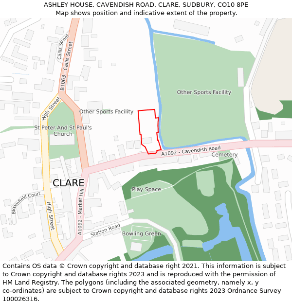 ASHLEY HOUSE, CAVENDISH ROAD, CLARE, SUDBURY, CO10 8PE: Location map and indicative extent of plot