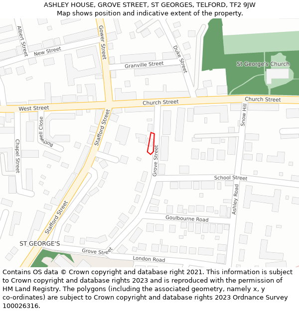 ASHLEY HOUSE, GROVE STREET, ST GEORGES, TELFORD, TF2 9JW: Location map and indicative extent of plot