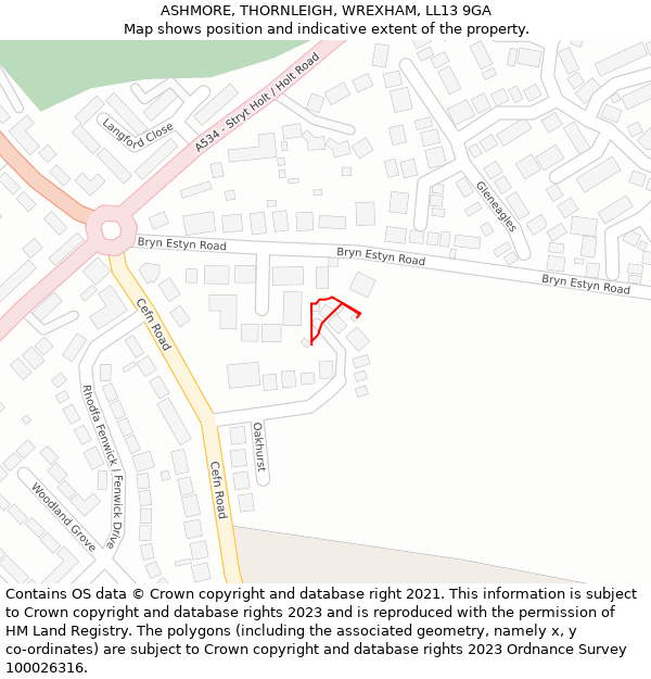 ASHMORE, THORNLEIGH, WREXHAM, LL13 9GA: Location map and indicative extent of plot