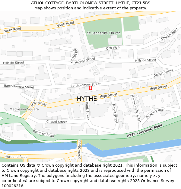 ATHOL COTTAGE, BARTHOLOMEW STREET, HYTHE, CT21 5BS: Location map and indicative extent of plot