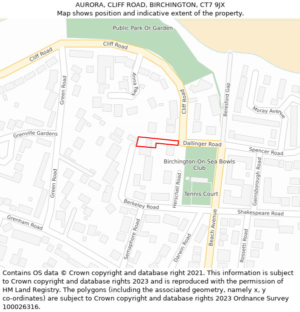 AURORA, CLIFF ROAD, BIRCHINGTON, CT7 9JX: Location map and indicative extent of plot