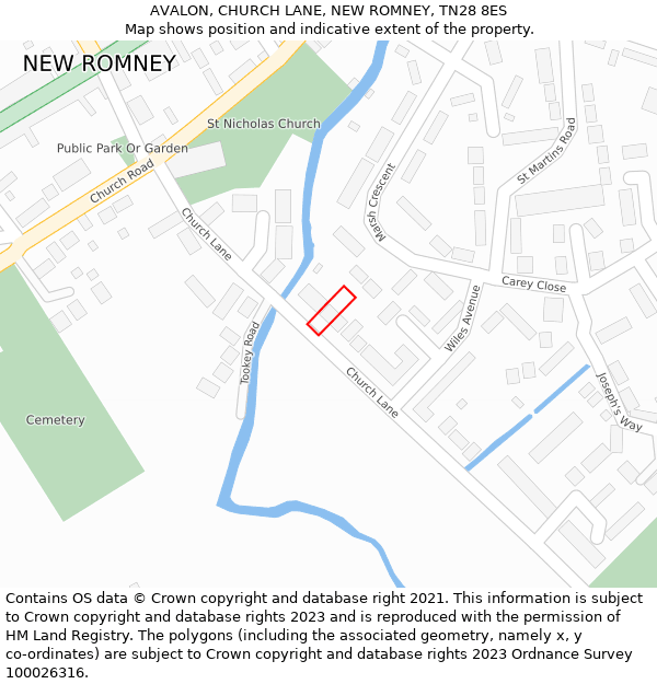 AVALON, CHURCH LANE, NEW ROMNEY, TN28 8ES: Location map and indicative extent of plot