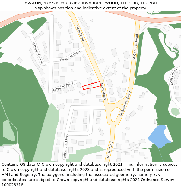 AVALON, MOSS ROAD, WROCKWARDINE WOOD, TELFORD, TF2 7BH: Location map and indicative extent of plot