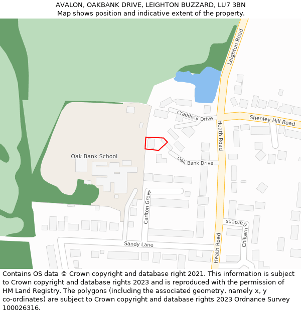 AVALON, OAKBANK DRIVE, LEIGHTON BUZZARD, LU7 3BN: Location map and indicative extent of plot