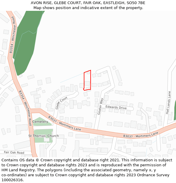 AVON RISE, GLEBE COURT, FAIR OAK, EASTLEIGH, SO50 7BE: Location map and indicative extent of plot