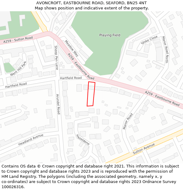 AVONCROFT, EASTBOURNE ROAD, SEAFORD, BN25 4NT: Location map and indicative extent of plot