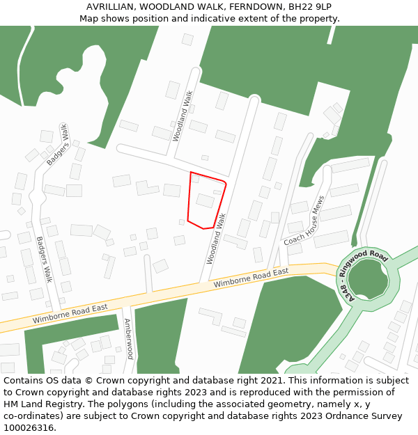 AVRILLIAN, WOODLAND WALK, FERNDOWN, BH22 9LP: Location map and indicative extent of plot