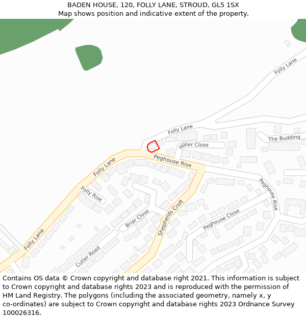 BADEN HOUSE, 120, FOLLY LANE, STROUD, GL5 1SX: Location map and indicative extent of plot