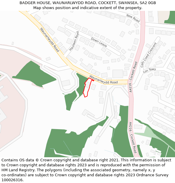 BADGER HOUSE, WAUNARLWYDD ROAD, COCKETT, SWANSEA, SA2 0GB: Location map and indicative extent of plot