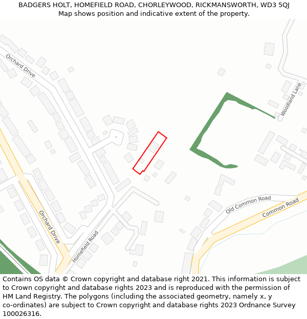 BADGERS HOLT, HOMEFIELD ROAD, CHORLEYWOOD, RICKMANSWORTH, WD3 5QJ: Location map and indicative extent of plot