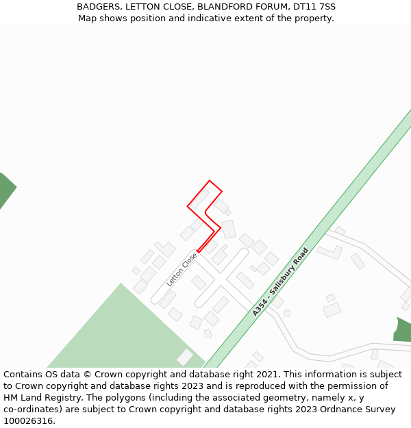 BADGERS, LETTON CLOSE, BLANDFORD FORUM, DT11 7SS: Location map and indicative extent of plot