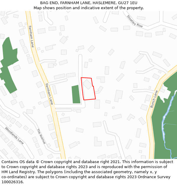 BAG END, FARNHAM LANE, HASLEMERE, GU27 1EU: Location map and indicative extent of plot