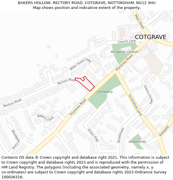 BAKERS HOLLOW, RECTORY ROAD, COTGRAVE, NOTTINGHAM, NG12 3HU: Location map and indicative extent of plot