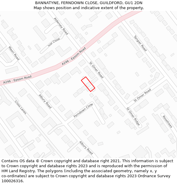 BANNATYNE, FERNDOWN CLOSE, GUILDFORD, GU1 2DN: Location map and indicative extent of plot