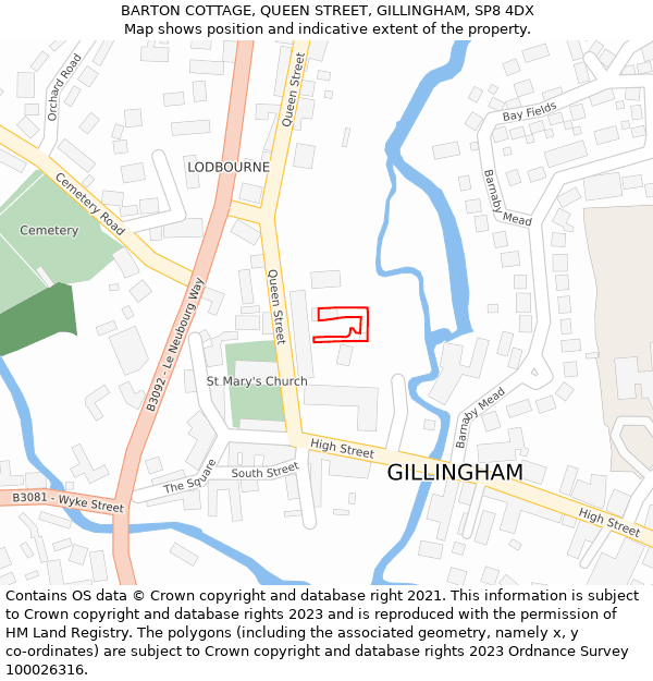 BARTON COTTAGE, QUEEN STREET, GILLINGHAM, SP8 4DX: Location map and indicative extent of plot