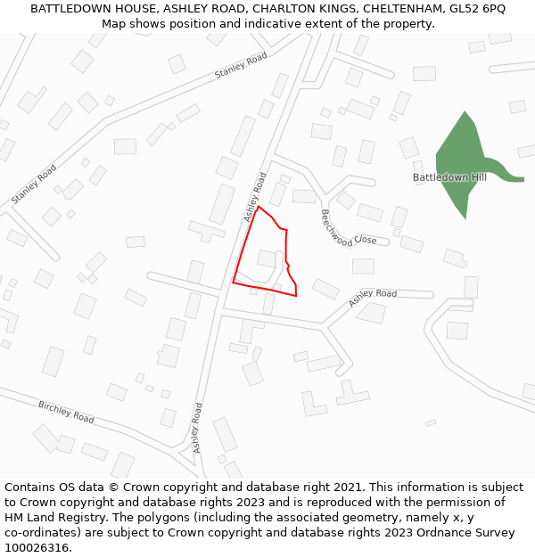BATTLEDOWN HOUSE, ASHLEY ROAD, CHARLTON KINGS, CHELTENHAM, GL52 6PQ: Location map and indicative extent of plot