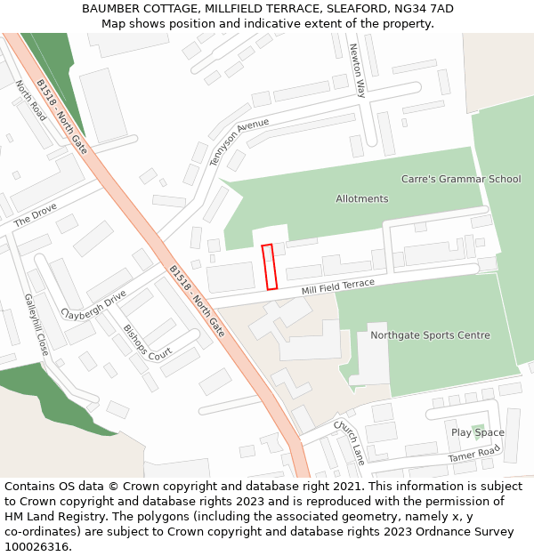 BAUMBER COTTAGE, MILLFIELD TERRACE, SLEAFORD, NG34 7AD: Location map and indicative extent of plot