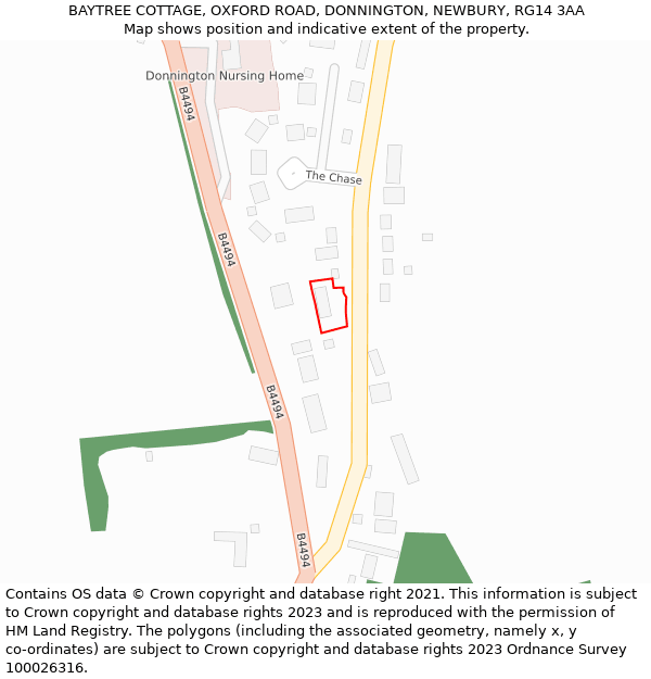 BAYTREE COTTAGE, OXFORD ROAD, DONNINGTON, NEWBURY, RG14 3AA: Location map and indicative extent of plot