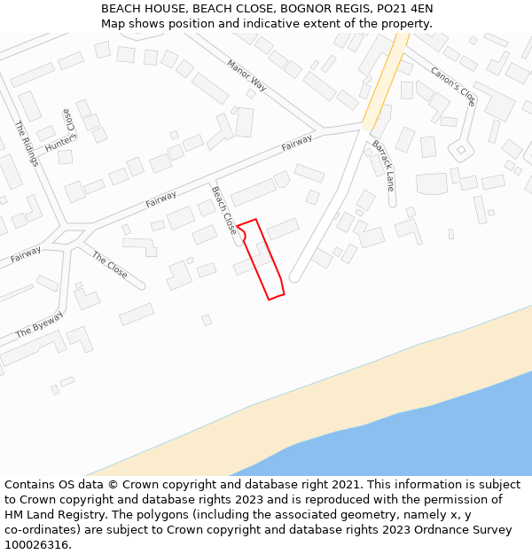 BEACH HOUSE, BEACH CLOSE, BOGNOR REGIS, PO21 4EN: Location map and indicative extent of plot