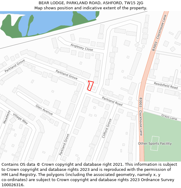 BEAR LODGE, PARKLAND ROAD, ASHFORD, TW15 2JG: Location map and indicative extent of plot