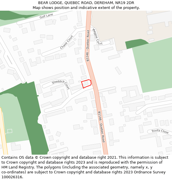 BEAR LODGE, QUEBEC ROAD, DEREHAM, NR19 2DR: Location map and indicative extent of plot