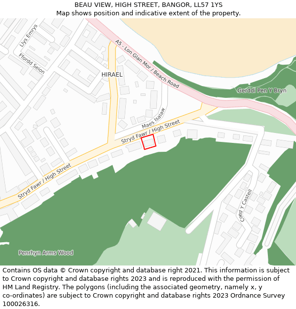 BEAU VIEW, HIGH STREET, BANGOR, LL57 1YS: Location map and indicative extent of plot