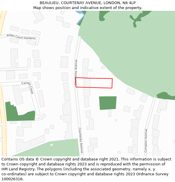 BEAULIEU, COURTENAY AVENUE, LONDON, N6 4LP: Location map and indicative extent of plot