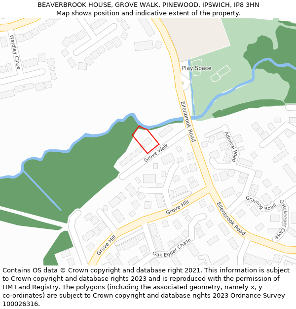 BEAVERBROOK HOUSE, GROVE WALK, PINEWOOD, IPSWICH, IP8 3HN: Location map and indicative extent of plot
