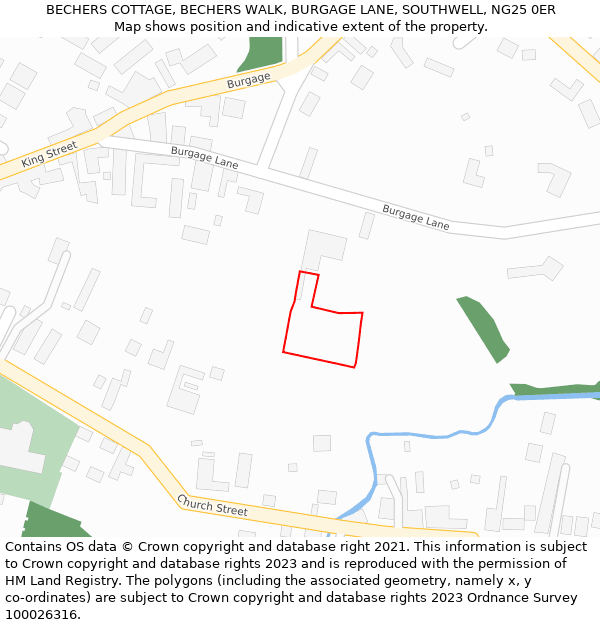 BECHERS COTTAGE, BECHERS WALK, BURGAGE LANE, SOUTHWELL, NG25 0ER: Location map and indicative extent of plot