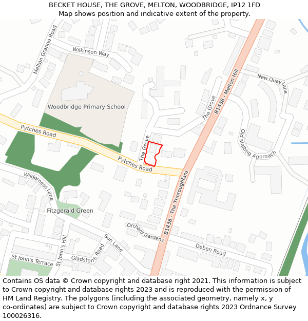 BECKET HOUSE, THE GROVE, MELTON, WOODBRIDGE, IP12 1FD: Location map and indicative extent of plot