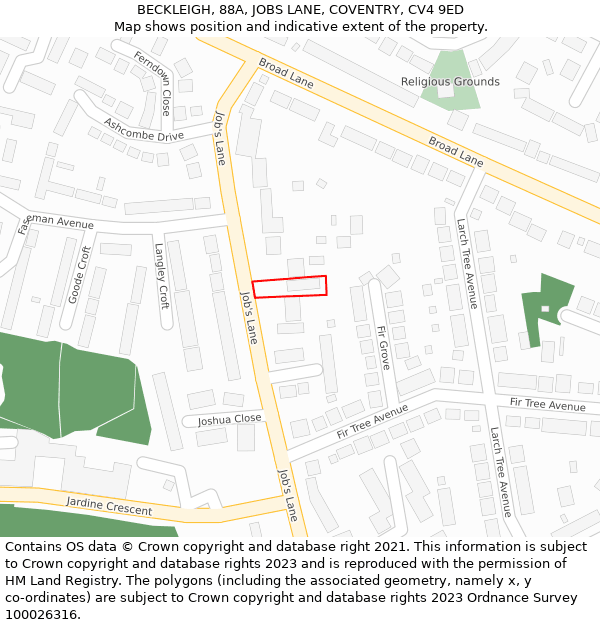 BECKLEIGH, 88A, JOBS LANE, COVENTRY, CV4 9ED: Location map and indicative extent of plot