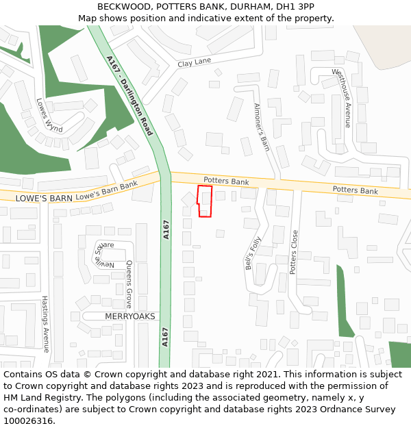 BECKWOOD, POTTERS BANK, DURHAM, DH1 3PP: Location map and indicative extent of plot