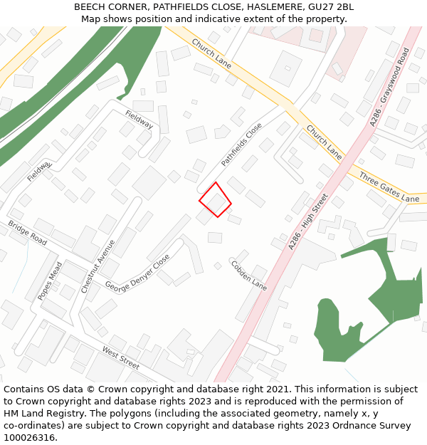 BEECH CORNER, PATHFIELDS CLOSE, HASLEMERE, GU27 2BL: Location map and indicative extent of plot