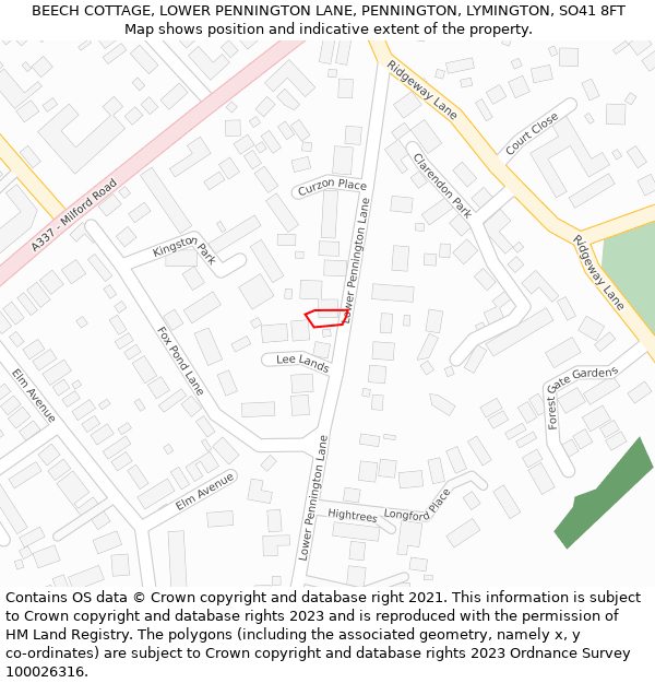 BEECH COTTAGE, LOWER PENNINGTON LANE, PENNINGTON, LYMINGTON, SO41 8FT: Location map and indicative extent of plot