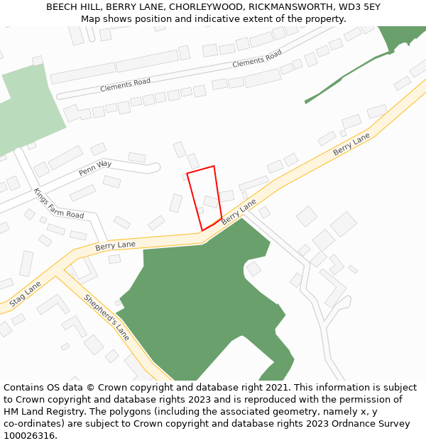 BEECH HILL, BERRY LANE, CHORLEYWOOD, RICKMANSWORTH, WD3 5EY: Location map and indicative extent of plot