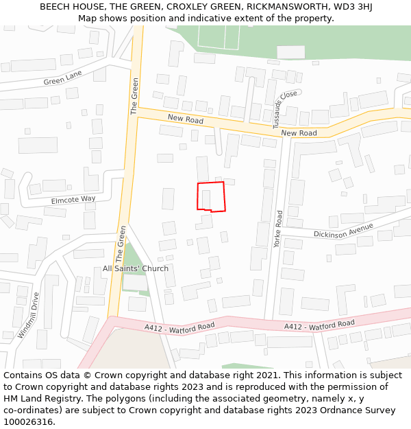 BEECH HOUSE, THE GREEN, CROXLEY GREEN, RICKMANSWORTH, WD3 3HJ: Location map and indicative extent of plot