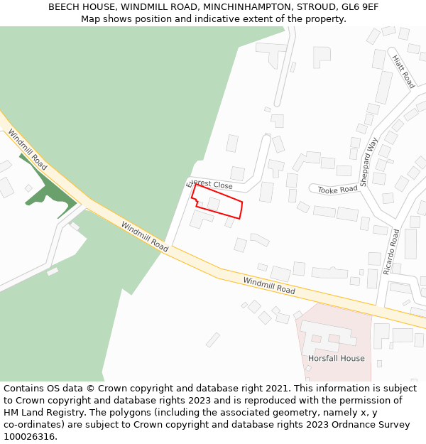 BEECH HOUSE, WINDMILL ROAD, MINCHINHAMPTON, STROUD, GL6 9EF: Location map and indicative extent of plot