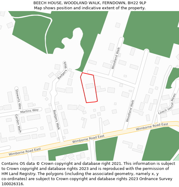BEECH HOUSE, WOODLAND WALK, FERNDOWN, BH22 9LP: Location map and indicative extent of plot