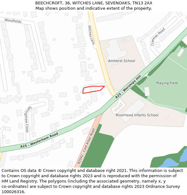 BEECHCROFT, 36, WITCHES LANE, SEVENOAKS, TN13 2AX: Location map and indicative extent of plot