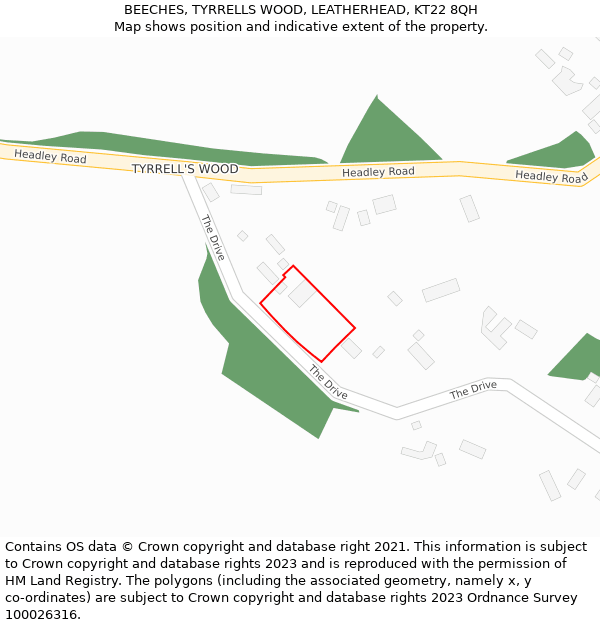 BEECHES, TYRRELLS WOOD, LEATHERHEAD, KT22 8QH: Location map and indicative extent of plot