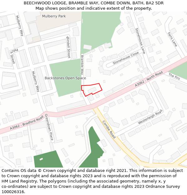 BEECHWOOD LODGE, BRAMBLE WAY, COMBE DOWN, BATH, BA2 5DR: Location map and indicative extent of plot