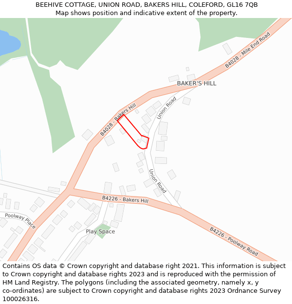 BEEHIVE COTTAGE, UNION ROAD, BAKERS HILL, COLEFORD, GL16 7QB: Location map and indicative extent of plot