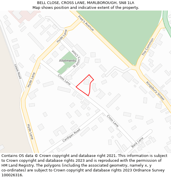 BELL CLOSE, CROSS LANE, MARLBOROUGH, SN8 1LA: Location map and indicative extent of plot