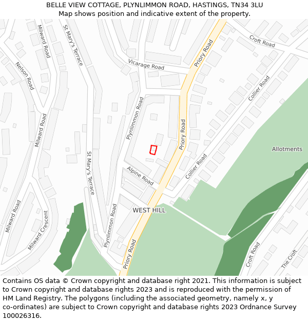 BELLE VIEW COTTAGE, PLYNLIMMON ROAD, HASTINGS, TN34 3LU: Location map and indicative extent of plot